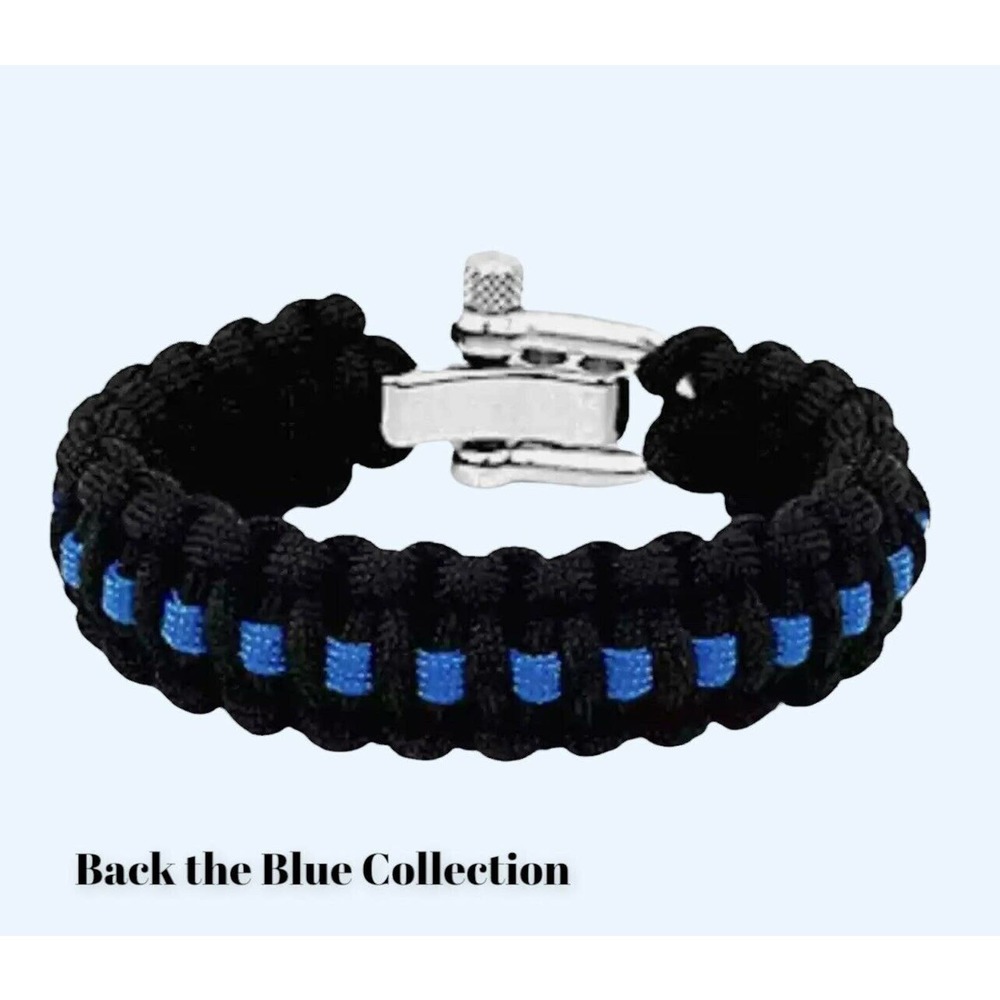 Blue Line Paracord Stainless Steel Adjustable Lock Bracelet S-XL Variations
